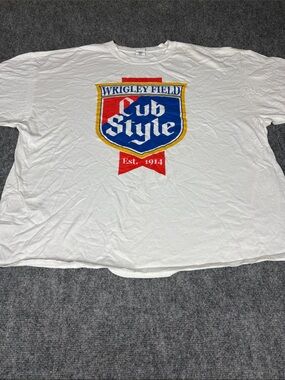 Hanes White Wrigley Field Cub Style Graphic Tee with Red, Blue, Yellow Print
